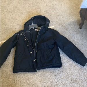 Hooded navy zip up down jacket j crew petite small